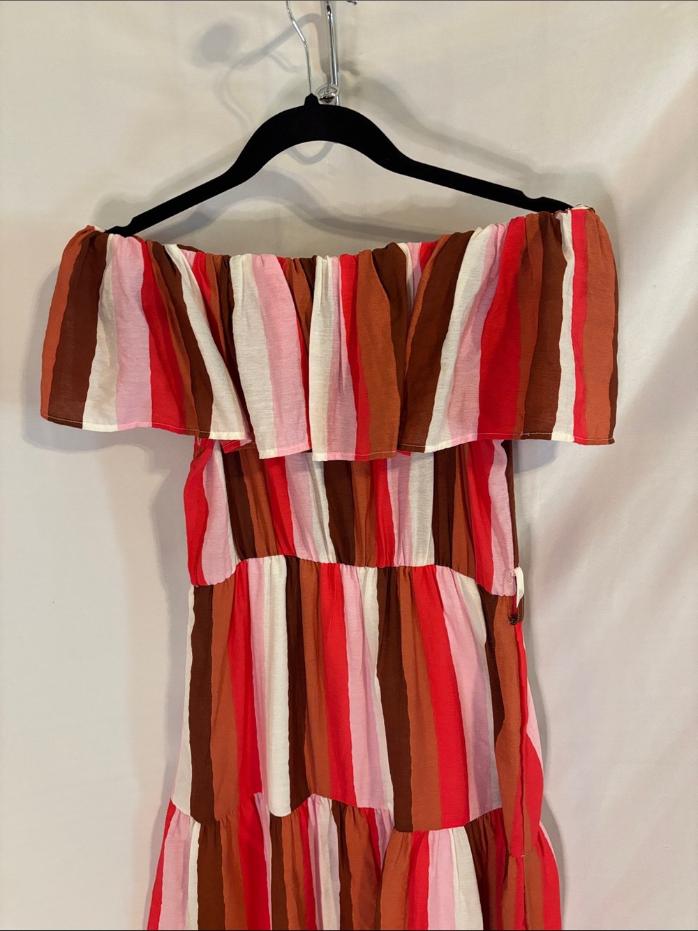 THML Stripe Off the shoulder Tiered Midi Dress Size Medium - Picture 2 of 7